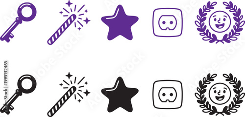 Set of icons including key, magic wand, star, power outlet and winner