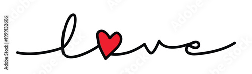 Handwritten love text with red heart black lines white background