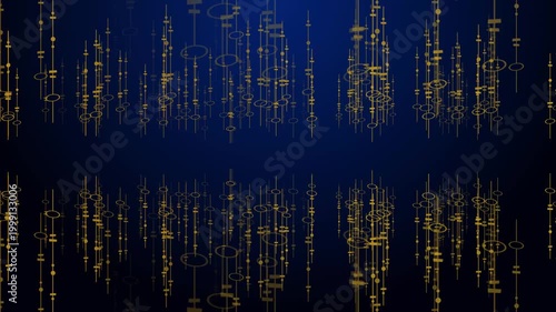 An abstract digital animation of glowing golden soundwave patterns moving across a deep blue background, perfect for audio visualization, music technology, and futuristic design themes
