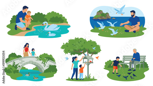 People enjoying nature feeding birds and swans in park.