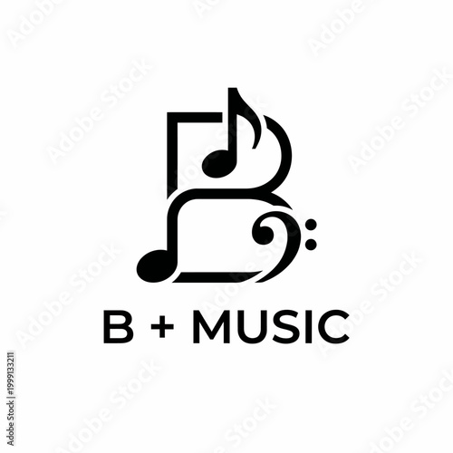 This image features a stylish logo design for B + Music, incorporating musical notes and fluid shapes, ideal for any music-related business or creative projects.
