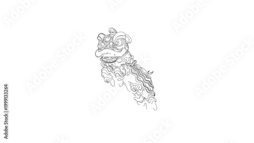 Line art animation of lion dance, wu shi, chinese barongsai in white background