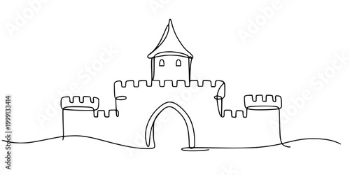 Fotografía Castle Line Art, Minimalist continuous-line drawing of a castle with battlements, arched doorway, and tower, symbolizing strength and fantasy