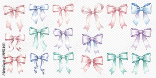 Watercolor collection of pastel colored bows, perfect for decorative elements and festive designs.
