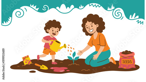 Mother and son gardening together planting seedling in soil with watering can and seeds.