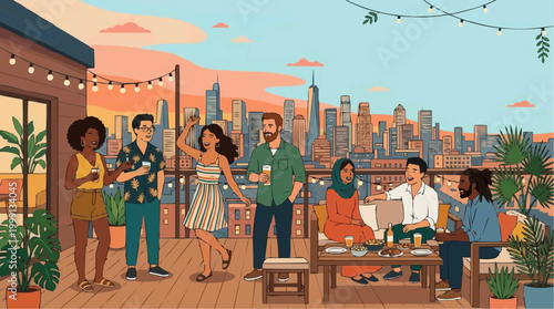 Rooftop Gathering with cityscape, people enjoying food and drinks in an elevated cityscape setting, captured in an illustration.