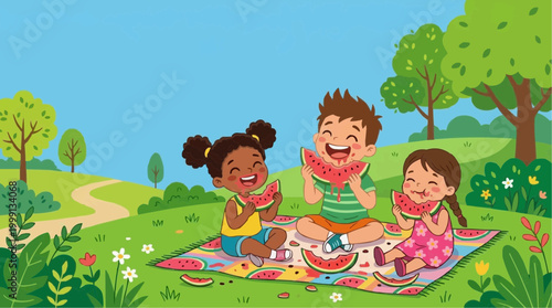 Three cheerful children, of mixed ethnicities, sit on a vibrant picnic blanket under the sun. They share slices of watermelon, laughing joyfully.