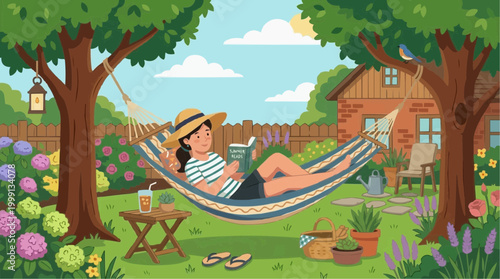 Relaxation in a tranquil garden: A person leisurely reads a book in a hammock, surrounded by lush greenery, capturing a moment of serenity.