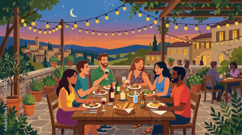 A gathering of friends and family enjoying a delightful outdoor dinner in a picturesque setting, featuring tables adorned with delectable dishes, illuminated by string lights.