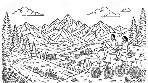 Biking couple resting on mountain cliff overlooking valley with river and small village.