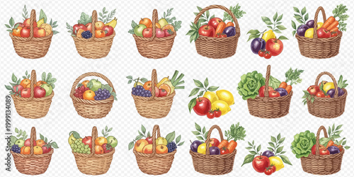 Watercolor illustration set of wicker baskets filled with fresh fruits and vegetables, perfect for harvest and healthy eating themes.