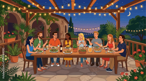 A lively dinner party under the stars, guests gather for a memorable evening of food and conversation. the scene is set in an elegant outdoor setting, exuding warmth and friendship.