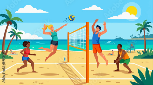 Dynamic beach volleyball action unfolds in this vibrant illustration, with athletes in mid-air and on the ground, showcasing the energy of a beachside game. Capture the essence of sun, sport.