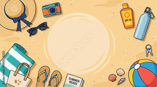 A sunny beach scene featuring summer essentials arranged artfully on the sand, perfect for vacation vibes.