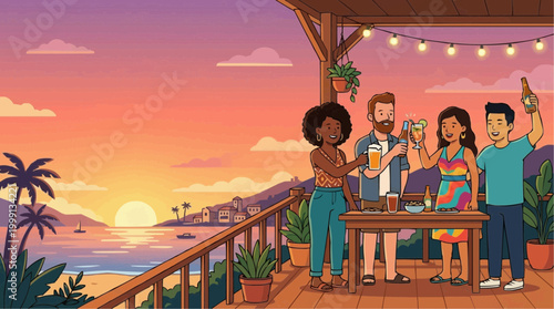 Friends enjoying a coastal sunset with refreshing drinks, perfect for capturing joy and relaxation in a vibrant setting.