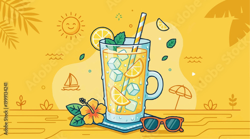 A refreshing summery iced drink on a beach with the warm sunshine.  