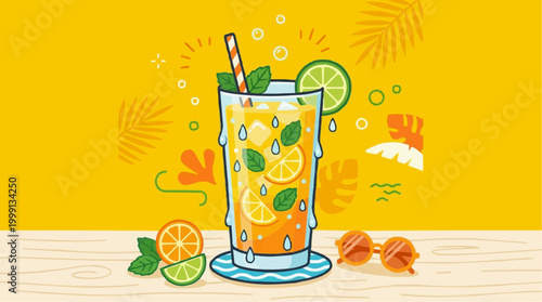 A vibrant and refreshing summer drink, meticulously illustrated, evokes the warmth and zest of a sunny day with a decorative setting. 