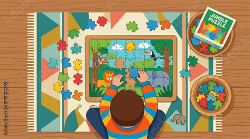 A focused child deeply engrossed in assembling a vibrant jigsaw puzzle, the scene filled with vivid colors and patterns, set against a backdrop of playful energy and intellectual stimulation.