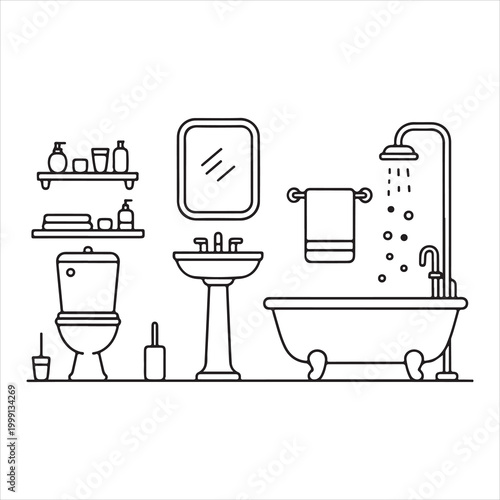 Minimalist black and white bathroom illustration with essential fixtures