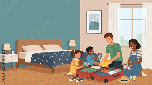Family prepares for an upcoming vacation, packing suitcases together to create an unforgettable family getaway, embodying themes of adventure, bonding and the excitement of travel.