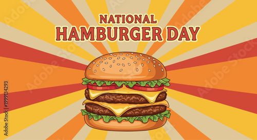 National hamburger day promotional banner with a double cheeseburger and vibrant retro sunburst background