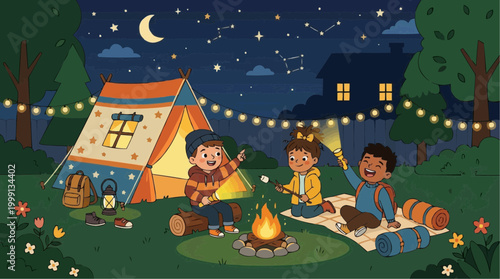Kids enjoy camping under the starry sky, roasting marshmallows over a warm campfire, creating a cozy and adventurous scene.