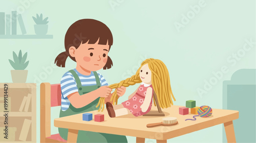 A young girl is engrossed in the nurturing act of styling a beloved doll's hair, showcasing the simple joys of childhood and imagination.