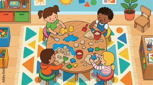 A group of young children plays together at a table. Creative and imaginative fun. An educational and interactive environment.