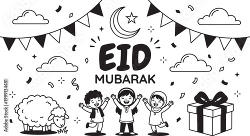 Happy children celebrating eid mubarak with sheep and gift box