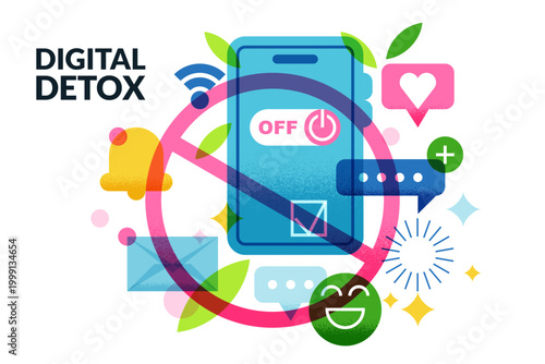 Digital detox, screen time control, online addiction vector concept. Smartphone turned off forbidden sign, social media