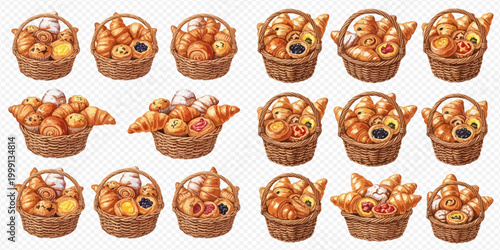 Watercolor collection of baskets filled with various delicious croissants and pastries, perfect for breakfast or dessert.
