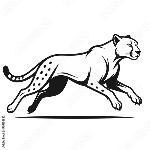 Dynamic black and white illustration of a cheetah running at high speed, showcasing its powerful and agile form.