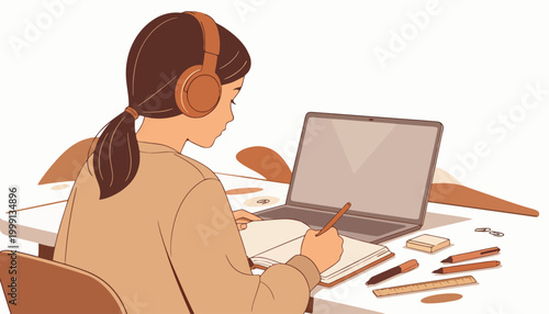 A student wearing headphones diligently studies at a desk with a laptop, notebook, and art supplies, demonstrating focused learning and creativity