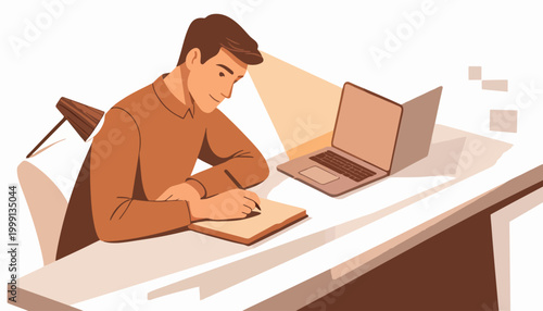 Young man studying and writing in a notebook at a desk with a laptop computer and a desk lamp