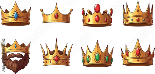 Golden crown set with royal jewels vector illustration collection king queen tiara designs isolated luxury monarchy symbols pack
