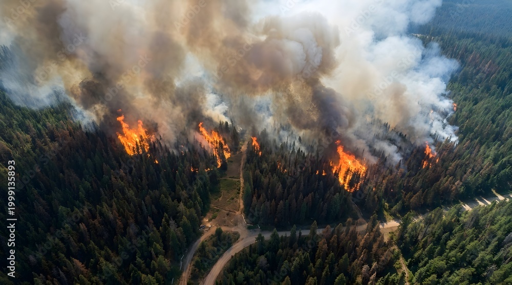Fototapeta premium Aerial drone view captures a destructive forest wildfire with orange flames and thick smoke rising above a dense green pine forest, showing environmental impact.