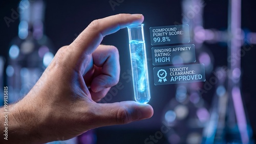 Hand holding a glowing test tube with digital data, indicating high compound purity and toxicity clearance, representing advanced chemical research, drug development, and scientific innovation