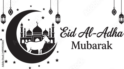 Eid aladha mubarak greeting card design with crescent moon and mosque