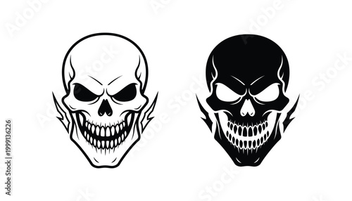 Fierce skull head icon with sharp teeth and lightning elements in clean outline and solid black vector silhouette style