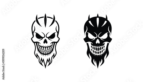 Aggressive demon skull with horns vector logo design in sharp line art and solid black graphic style for dark themes