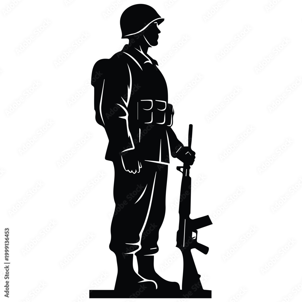 Fototapeta premium Soldier standing with rifle vector silhouette illustration on isolated white background.