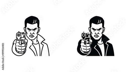 Dangerous man holding handgun pointing forward in aggressive stance illustrated in bold black and white comic book style for action crime concept art