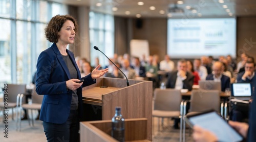 Confident female speaker at business conference, professional woman giving presentation at podium, corporate seminar with audience in modern office