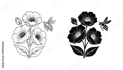 Flowering plant with a flying bee illustration in both outline and solid black silhouette vector styles for eco-friendly or garden branding