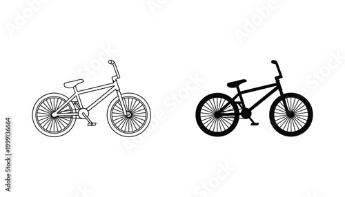 Bicycle BMX style bike illustration in both outline and solid black silhouette vector formats for sports branding and urban lifestyle design