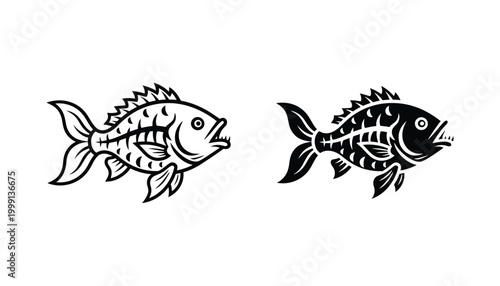 Predatory fish illustration with sharp teeth and spiky fins in both outline and solid black silhouette vector styles for fishing branding