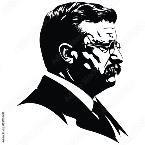 Teddy roosevelt vector silhouette illustration showing side portrait with glasses mustache.