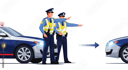 Illustrated vector drawing of two police officers in uniform directing traffic near a police car, rendered with flat colors against a clean white background in a cartoon style