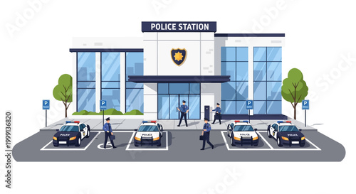 A detailed vector illustration showcases a modern police station with officers and patrol cars in the parking lot, rendered with a clean, flat design style and set against a bright white