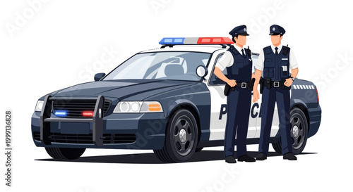Stylized vector art showcasing two police characters standing guard beside a modern police car with flashing lights against a clean white backdrop, conveying a sense of authority and public